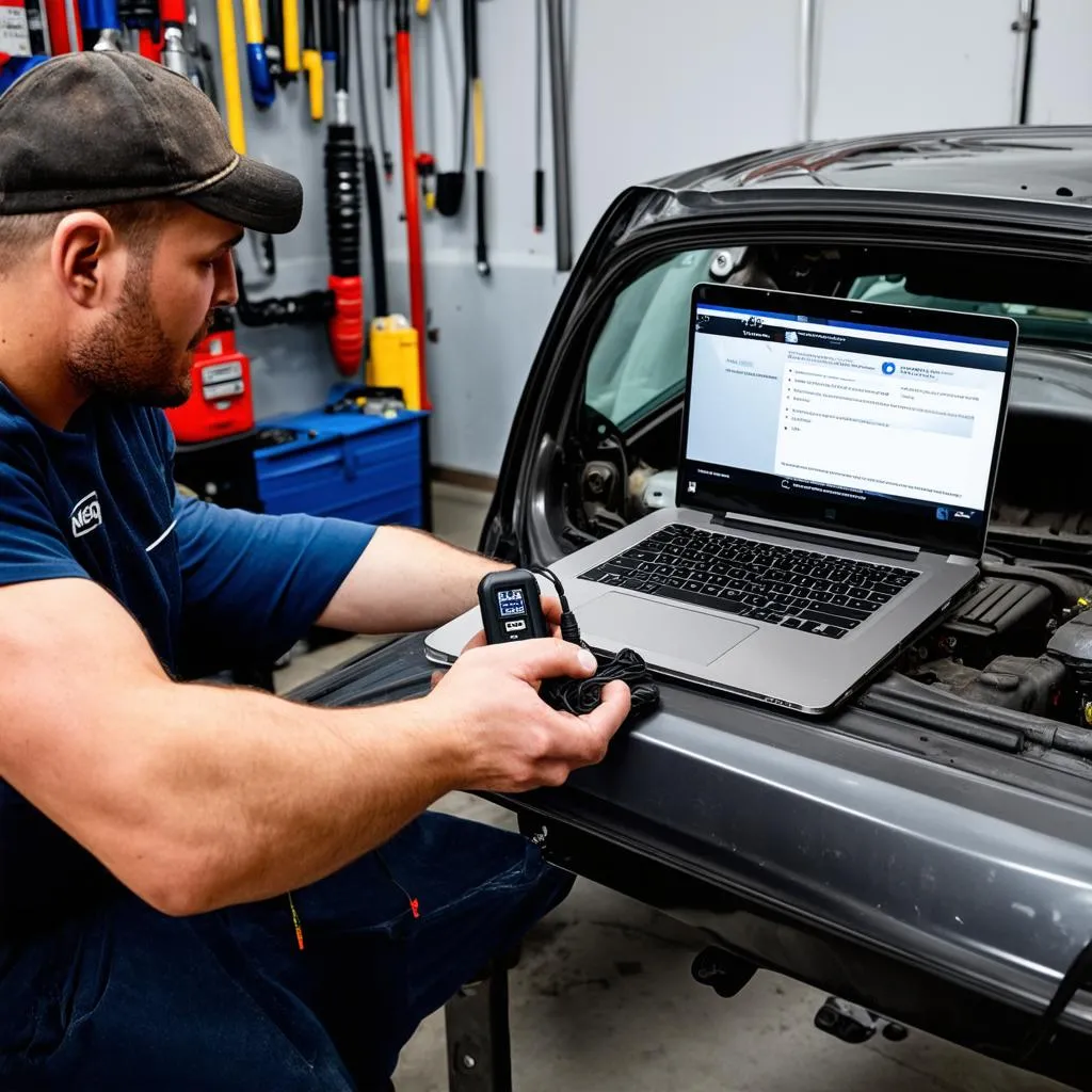 Mechanic using Nexiq USB Link 3 for car diagnostics