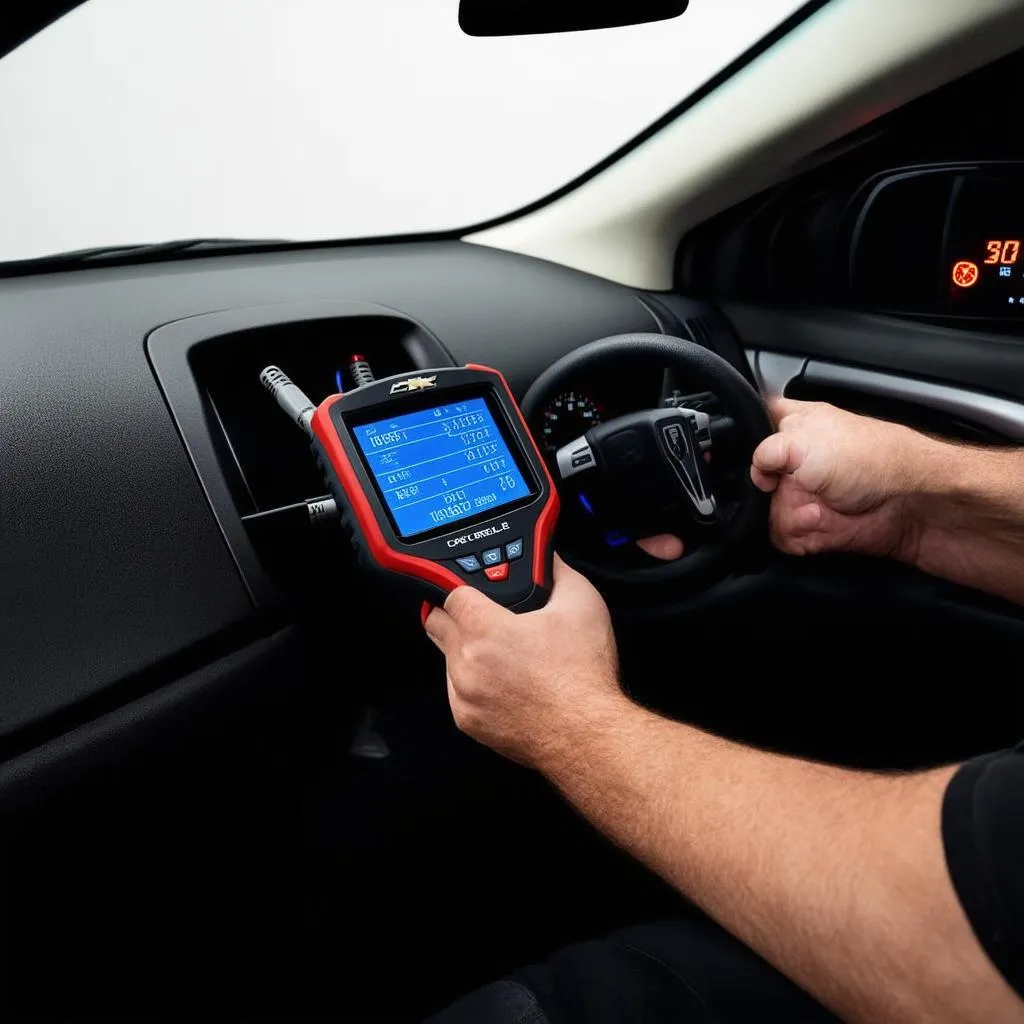 Mechanic using OBD-II scanner on a Chevrolet Cruze