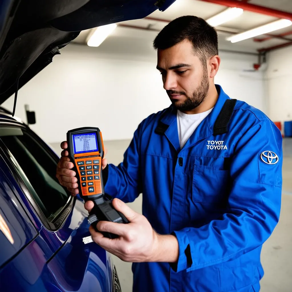 Mechanic using an OBD reader on a Toyota car in a garage