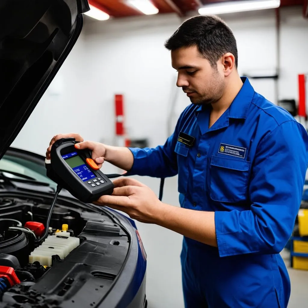 Mechanic using OBD scanner on a car