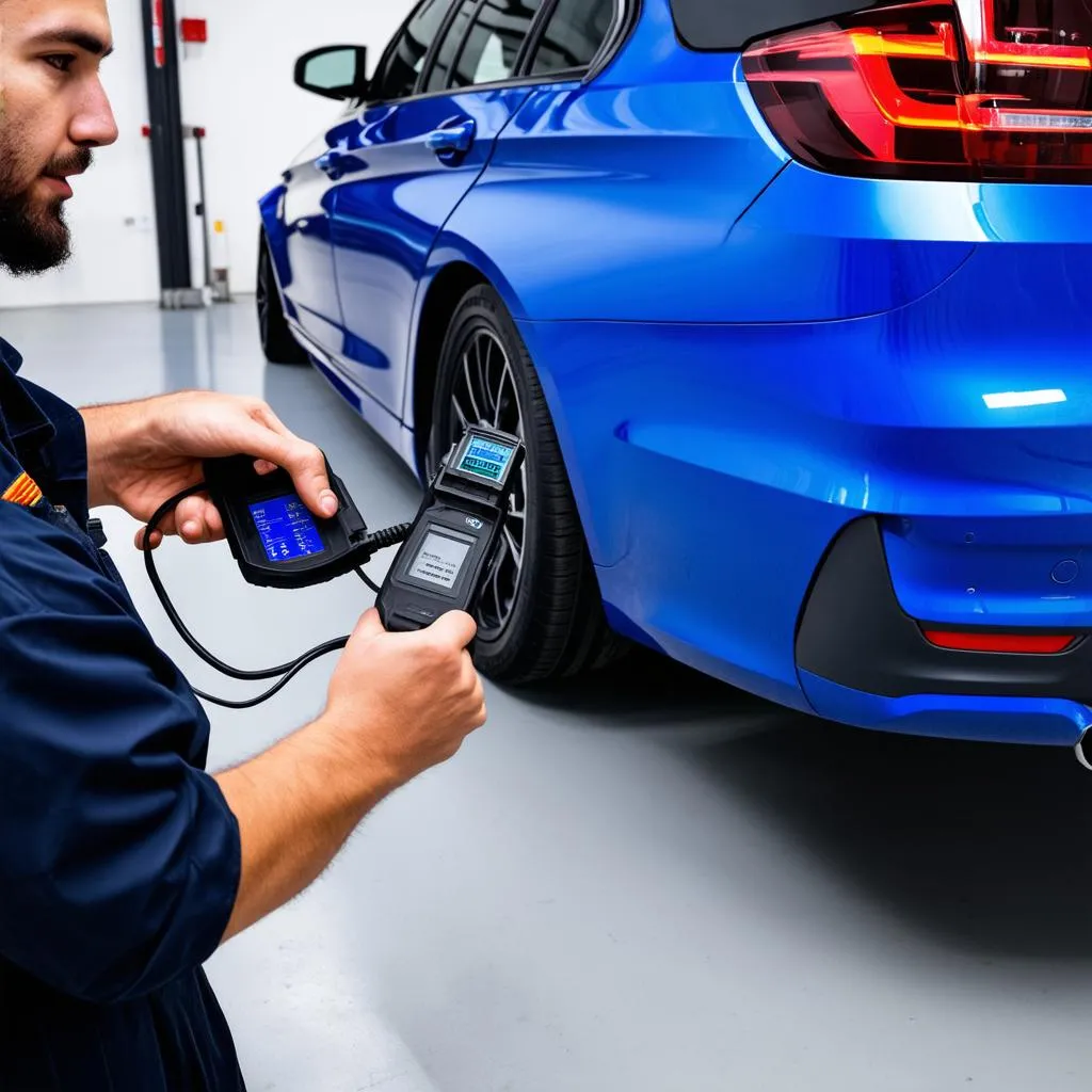 Mechanic using OBD scanner on a BMW E90