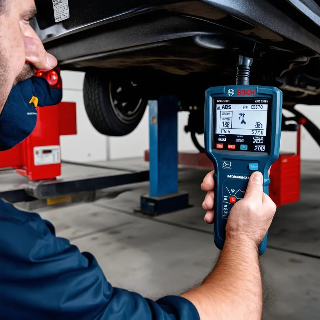 Mechanic using OBD scanner on a car