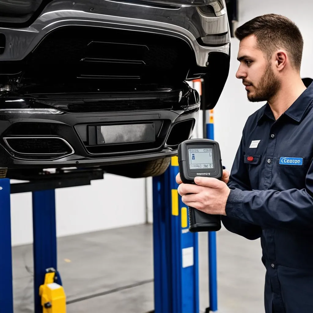 Mécanicien utilisant un scanner OBD sur une voiture européenne