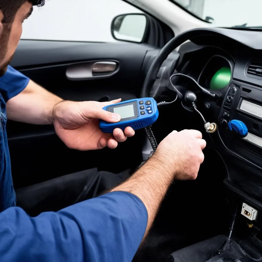 Mechanic Using OBD Scanner on Toyota Corolla