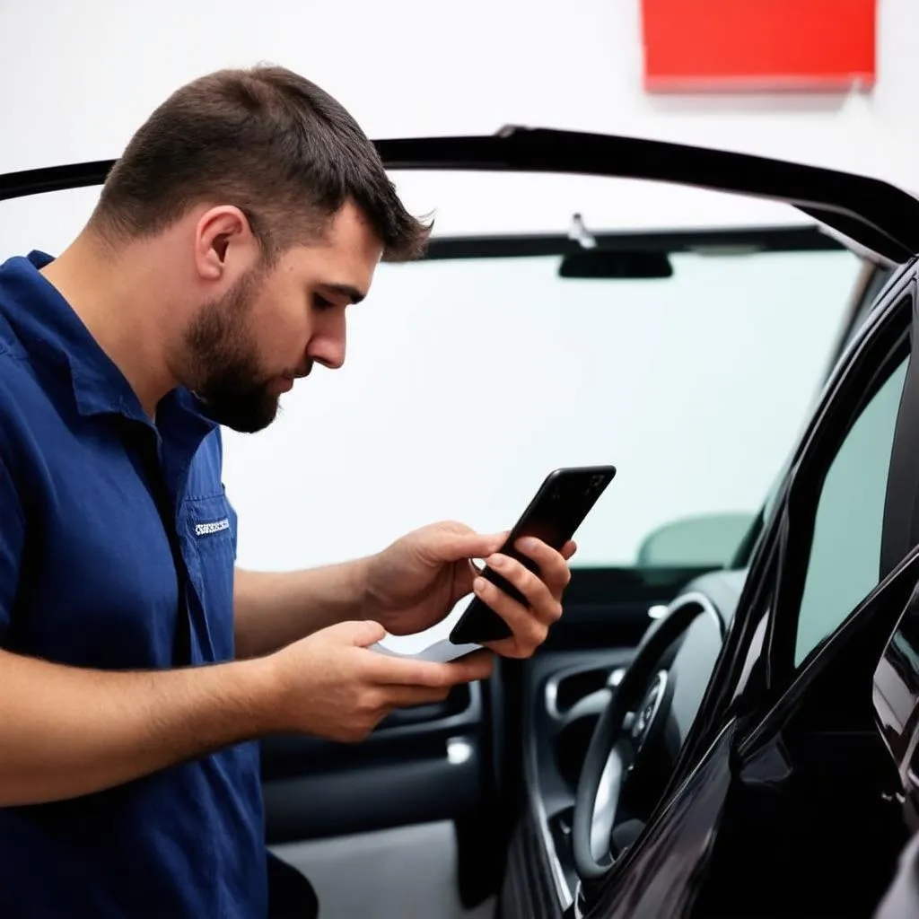 Un mécanicien utilisant son téléphone pour le diagnostic automobile