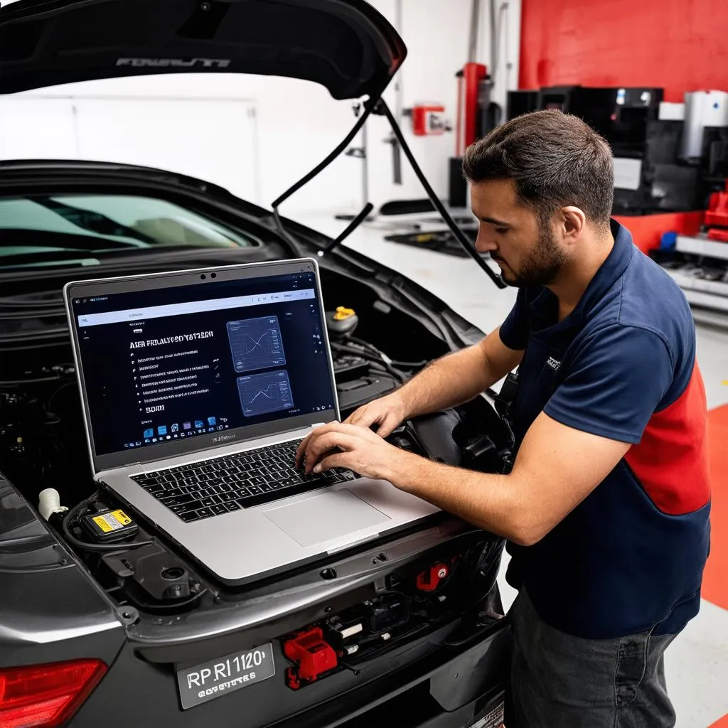 A mechanic using RP1210 adapter to diagnose a car