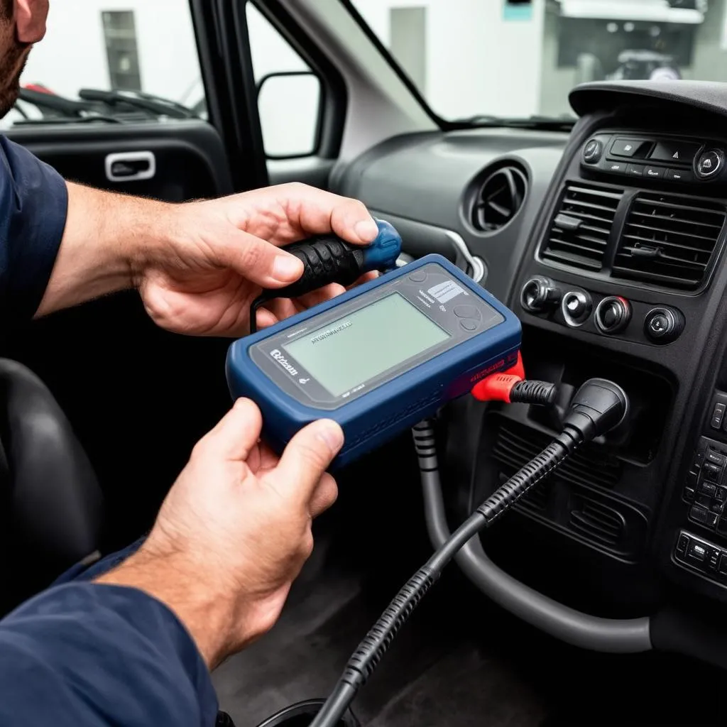 Mechanic using a scanner on a Mercedes Sprinter