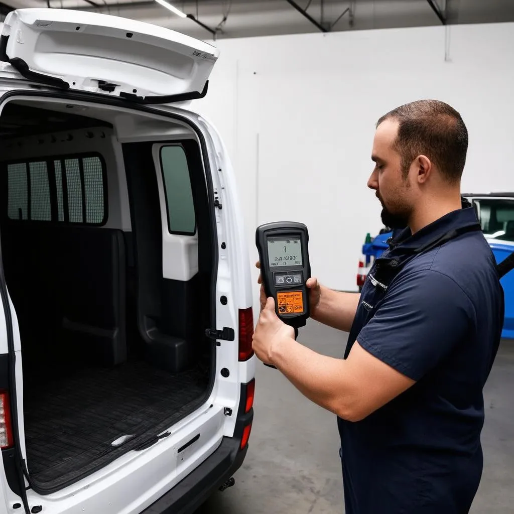 Mécanicien utilisant une valise diagnostic sur Mercedes Vito