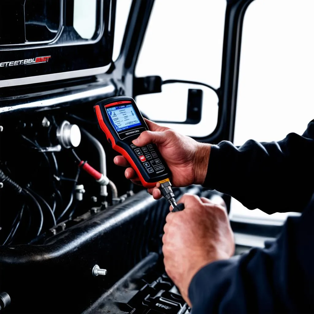 Un mécanicien utilisant un scanner sur un camion Peterbilt