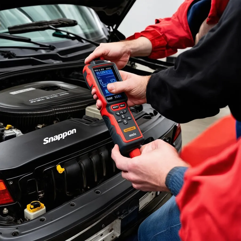 Un mécanicien utilisant le Snap-on Modis Edge pour diagnostiquer un voyant moteur allumé sur une BMW dans un atelier moderne.