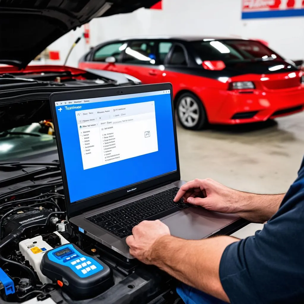 Mechanic using TeamViewer on laptop