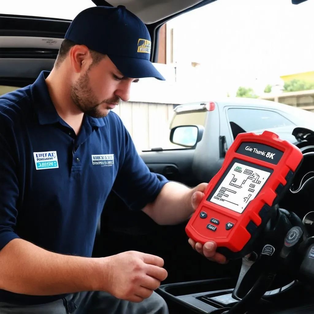 Mécanicien utilisant un outil de diagnostic