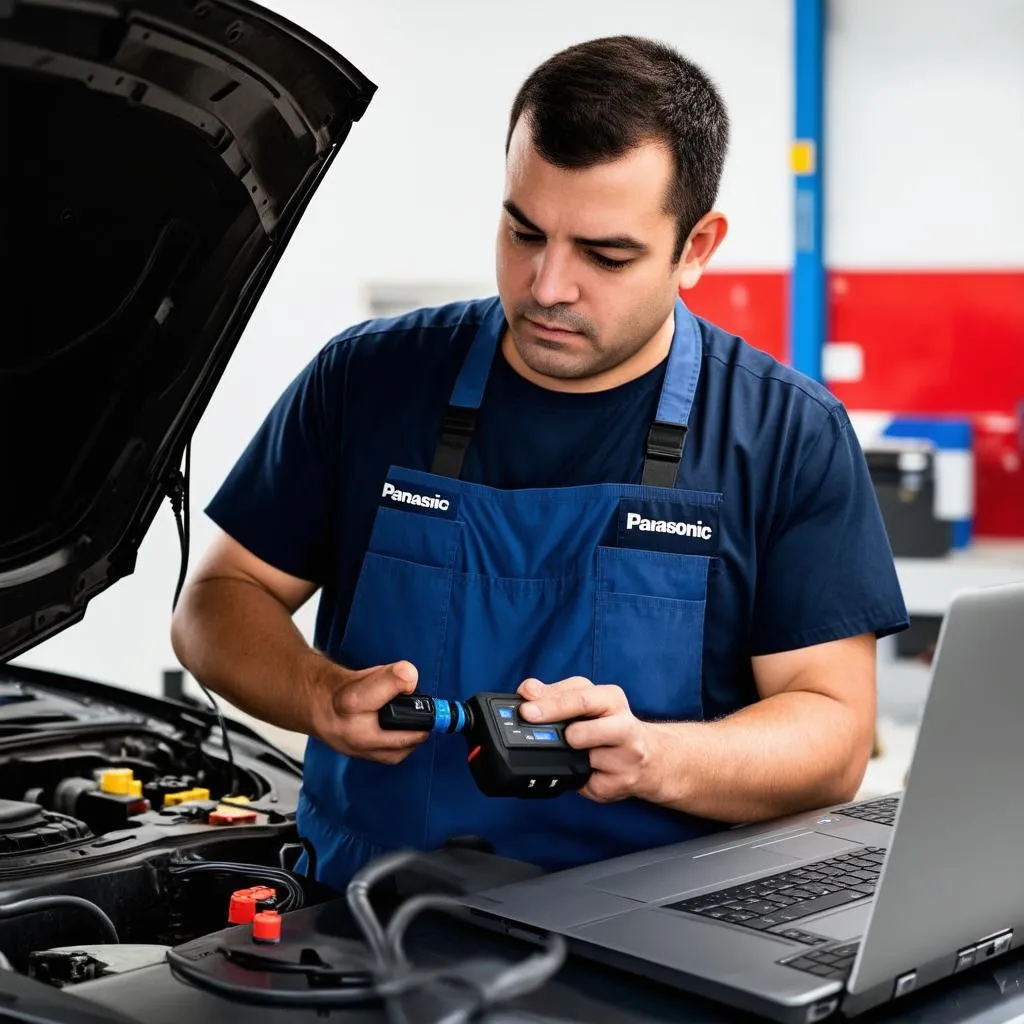 Mechanic using a Panasonic Toughbook to diagnose a car problem