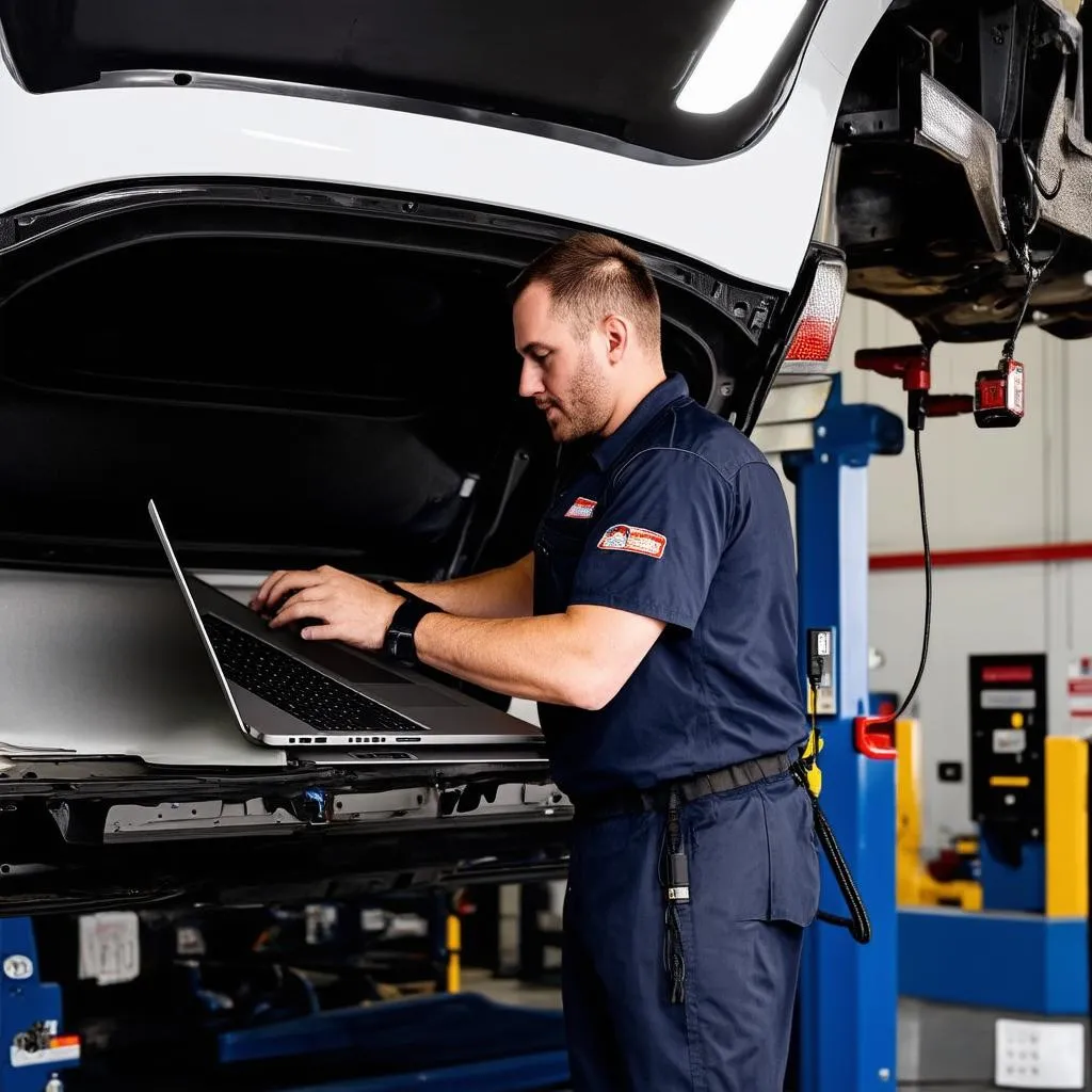 Mécanicien travaillant sur une voiture avec un ordinateur portable