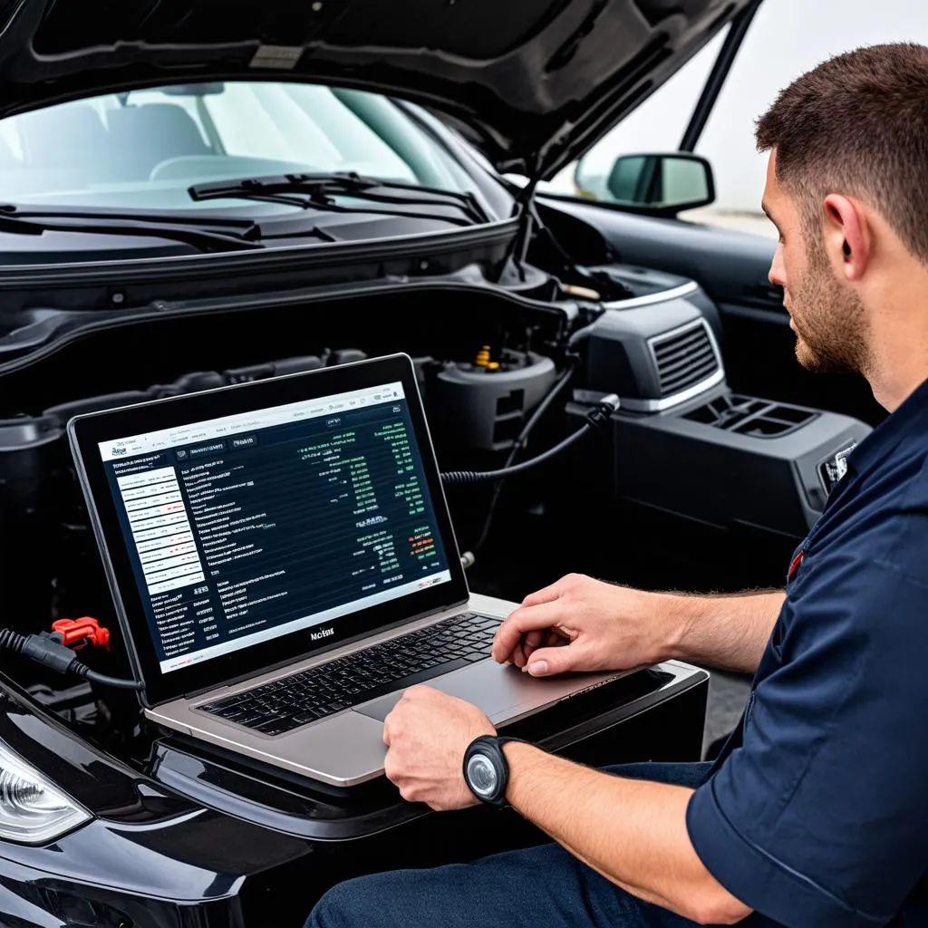 Mécanicien travaillant sur un ordinateur portable