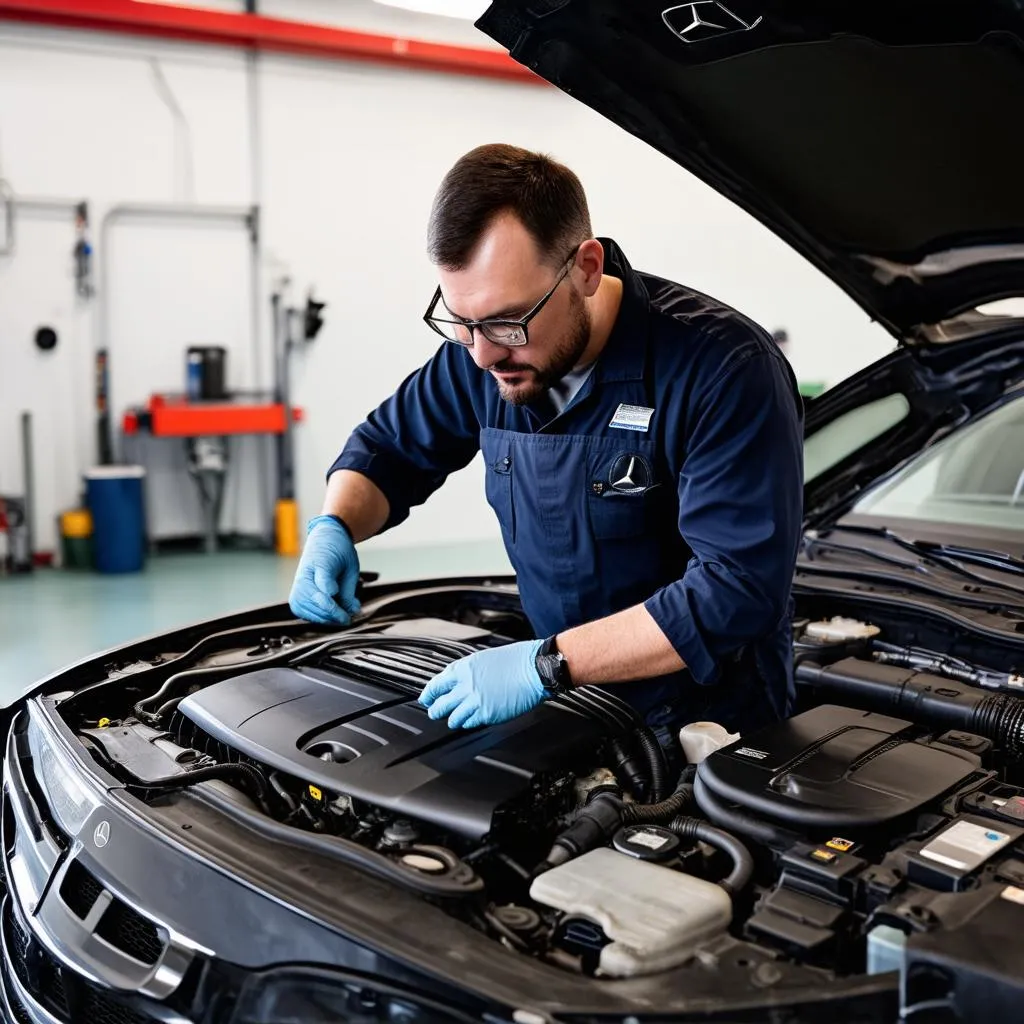 Mechanic Working on a Mercedes S-Class