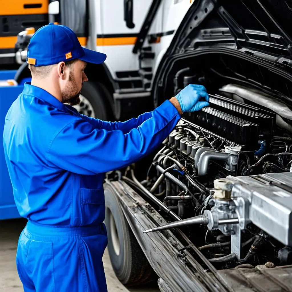 Mechanic working on a truck engine