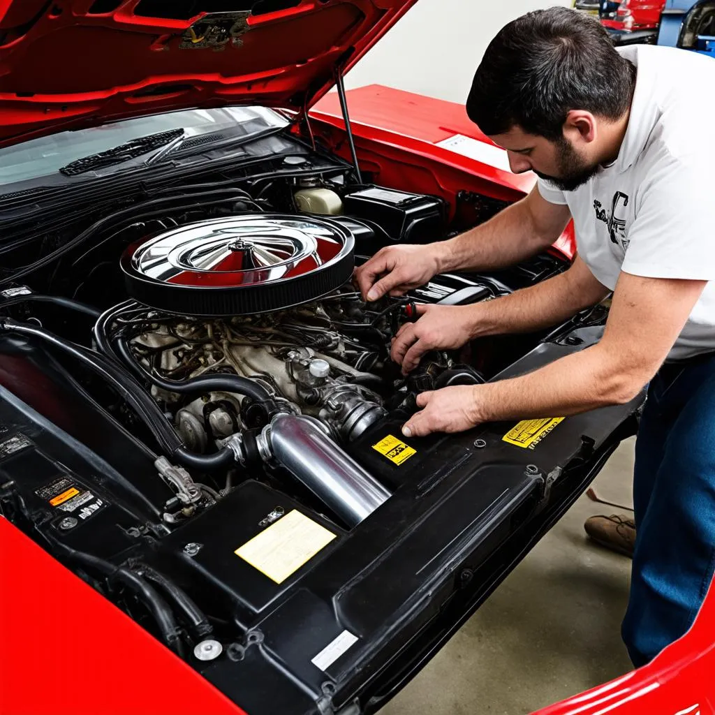 Mécanicien travaillant sur le moteur d'une Camaro LS1