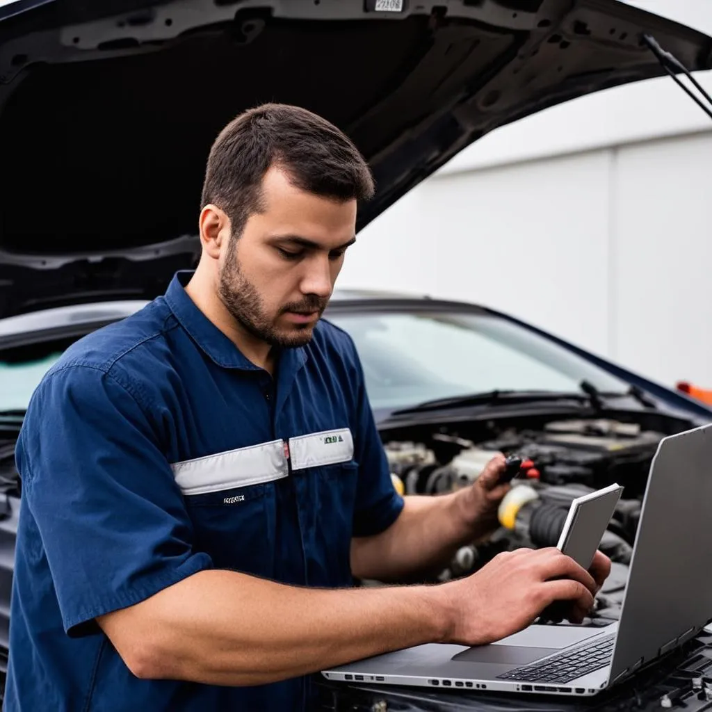 Mécanicien travaillant sur une voiture avec un ordinateur portable