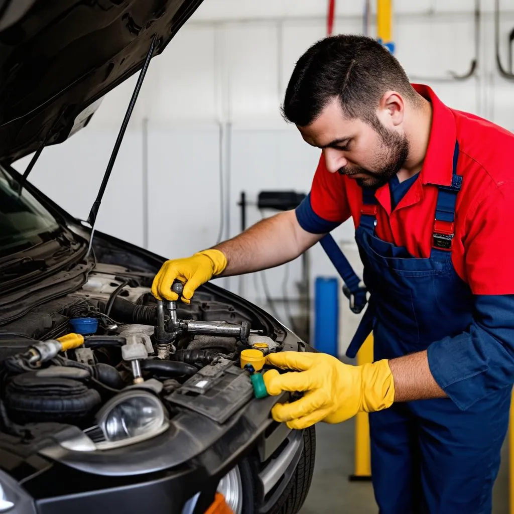 Car Mechanic Working on Car