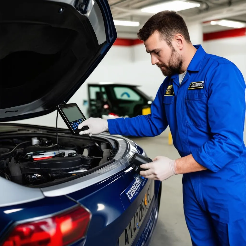 Mechanic using a diagnostic tool on a car