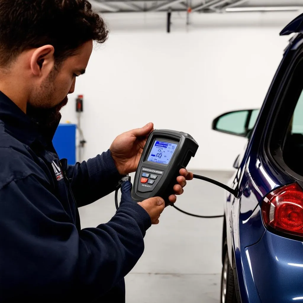 Mechanic using a diagnostics tool on a car