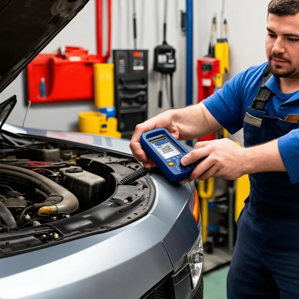 Mechanic using a diagnostic tool