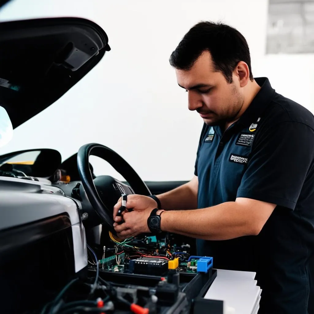 Un mécanicien travaillant sur l'électronique d'une voiture