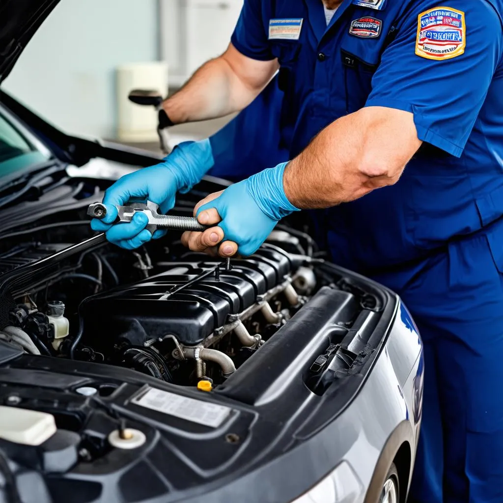 Mécanicien travaillant sur le moteur d'une voiture