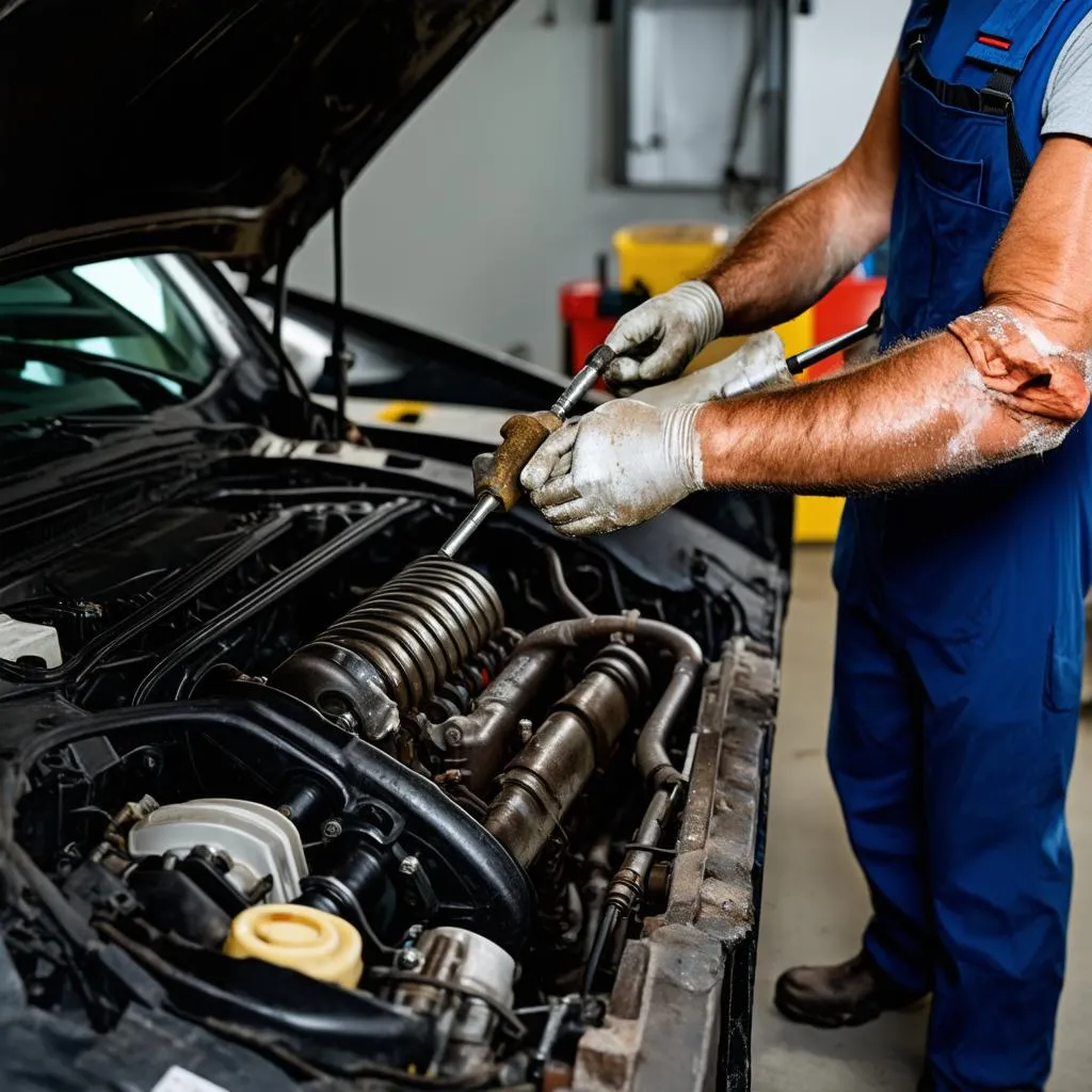 Mécanicien travaillant sur le moteur d'une voiture