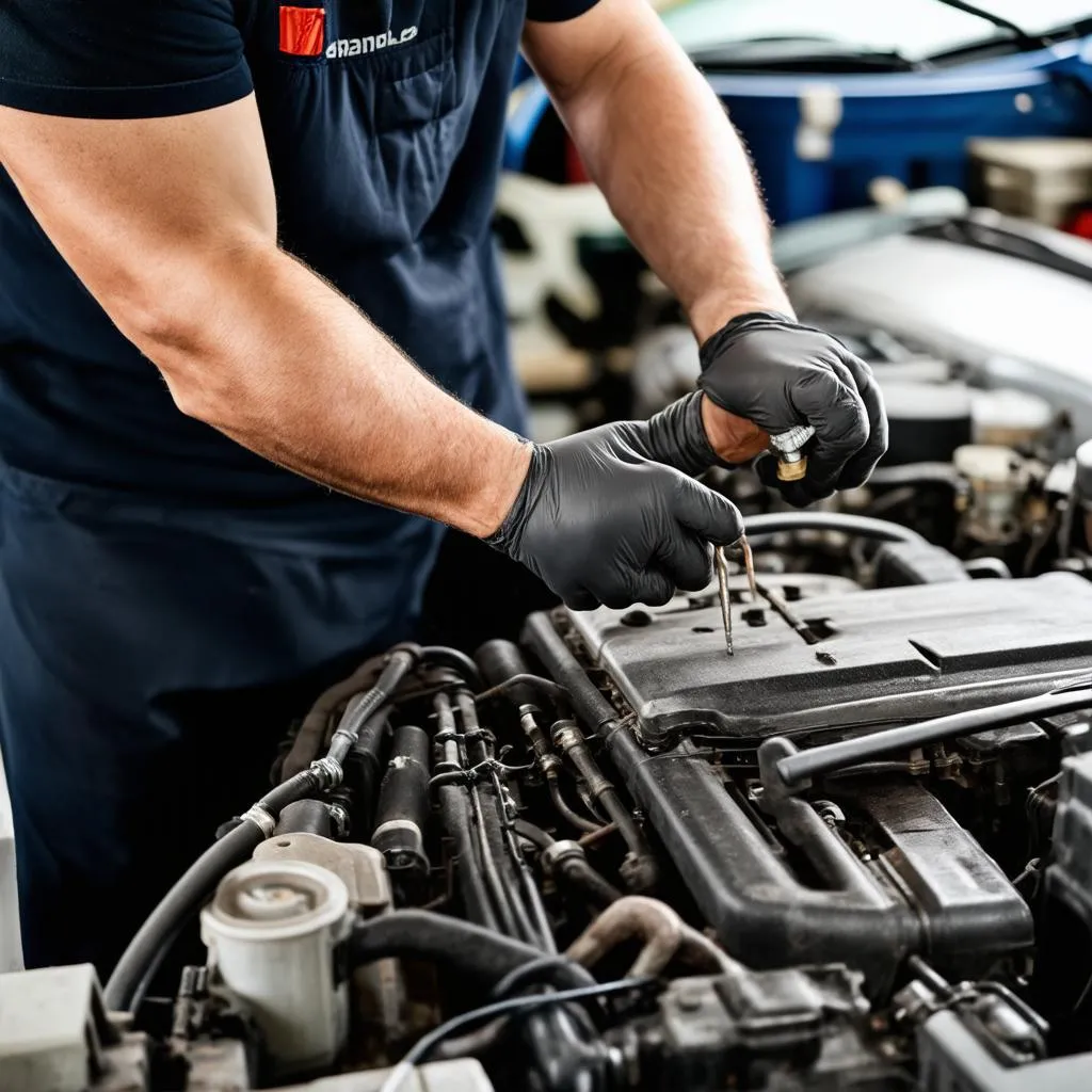 A mechanic working on a car engine