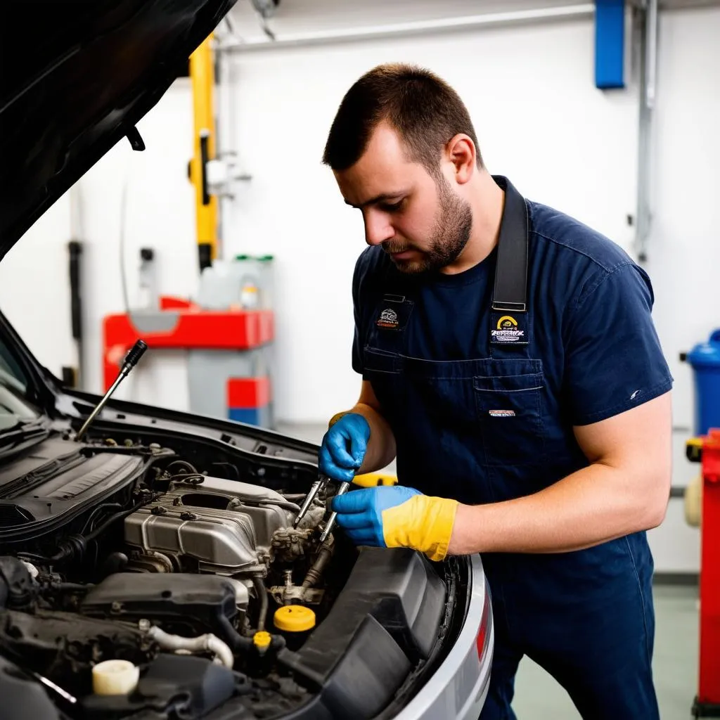 Mécanicien réparant un moteur de voiture