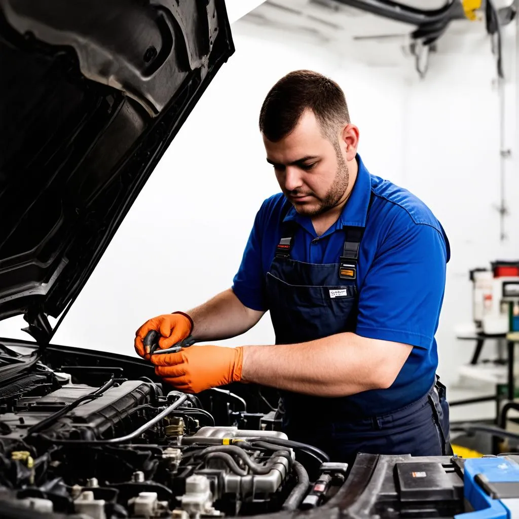 Mécanicien travaillant sur un moteur de voiture