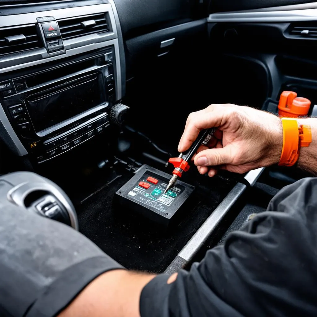 Mécanicien travaillant sur l'autoradio d'une voiture