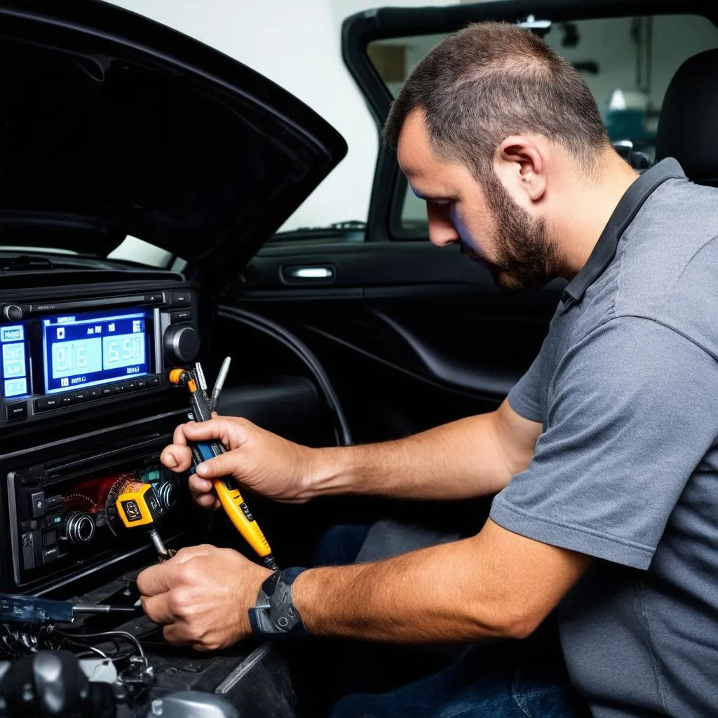 Mechanic working on car stereo