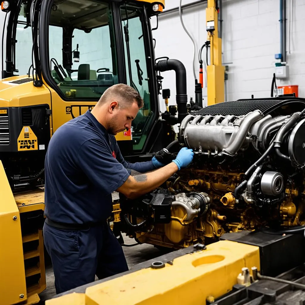 Mechanic Working on Cat C9 Engine