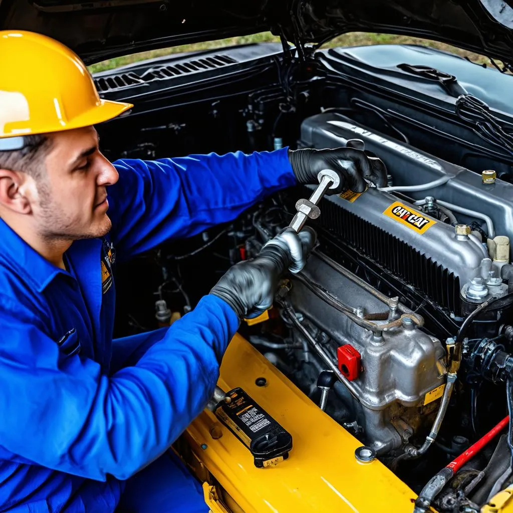 Mécanicien travaillant sur un moteur Caterpillar