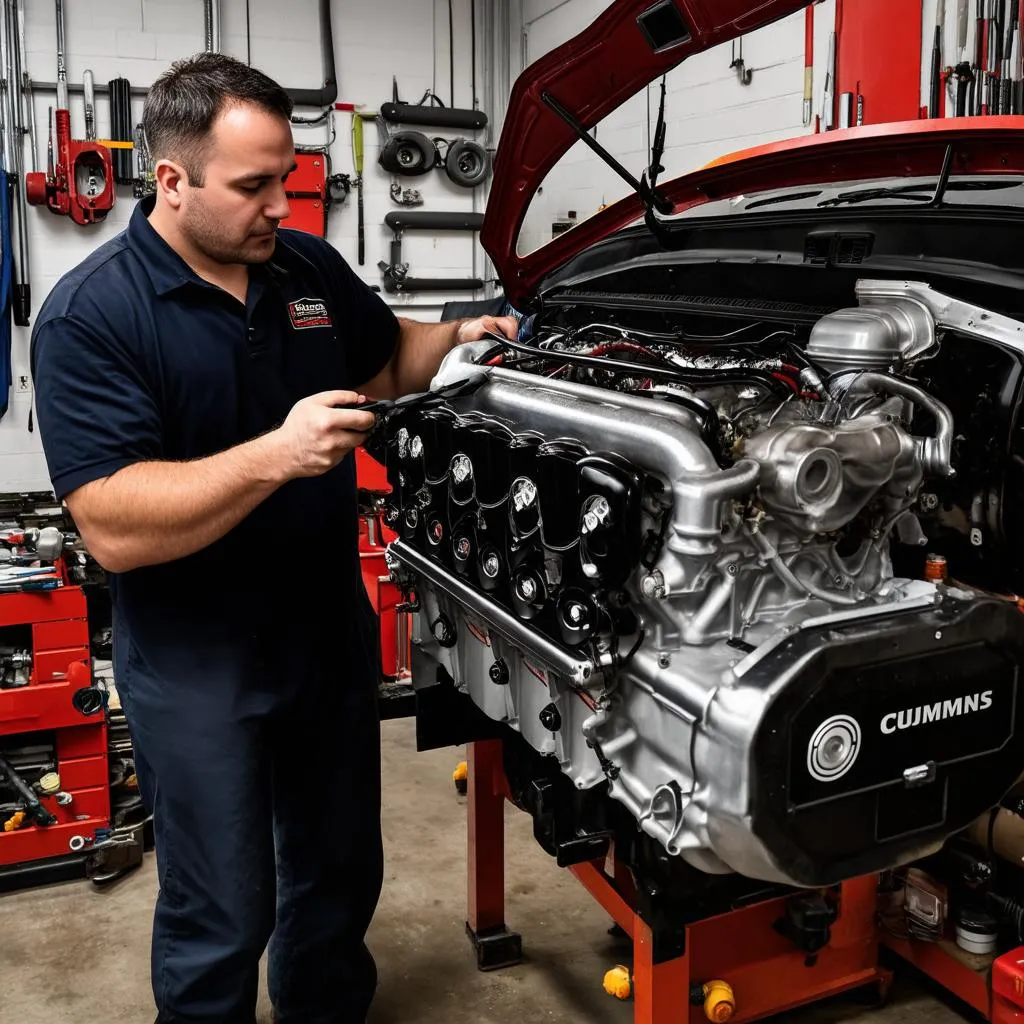 Mécanicien travaillant sur un moteur Cummins