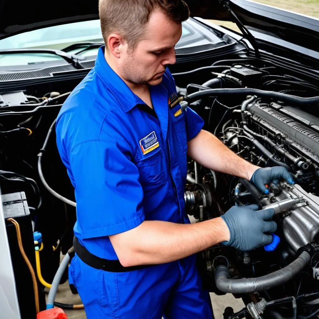 Mechanic Working on Engine