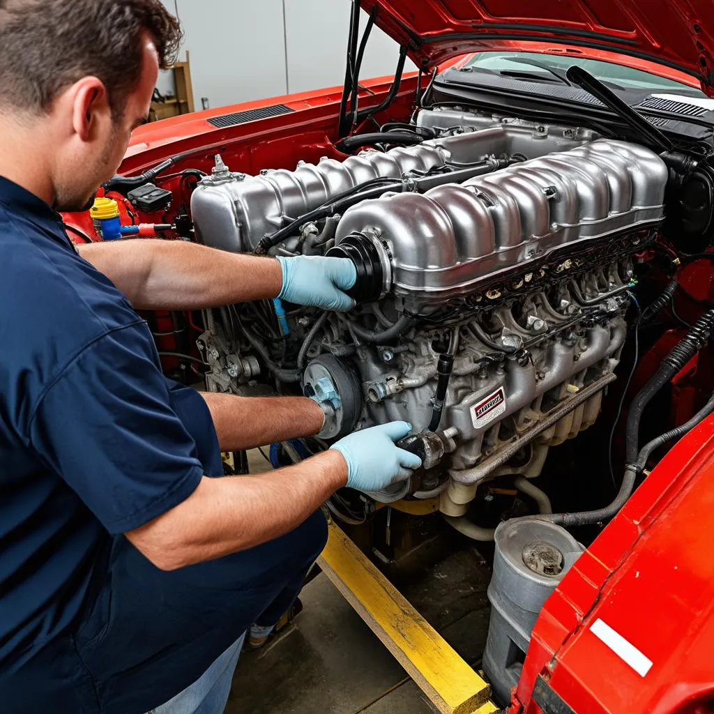 Mechanic Working on Engine