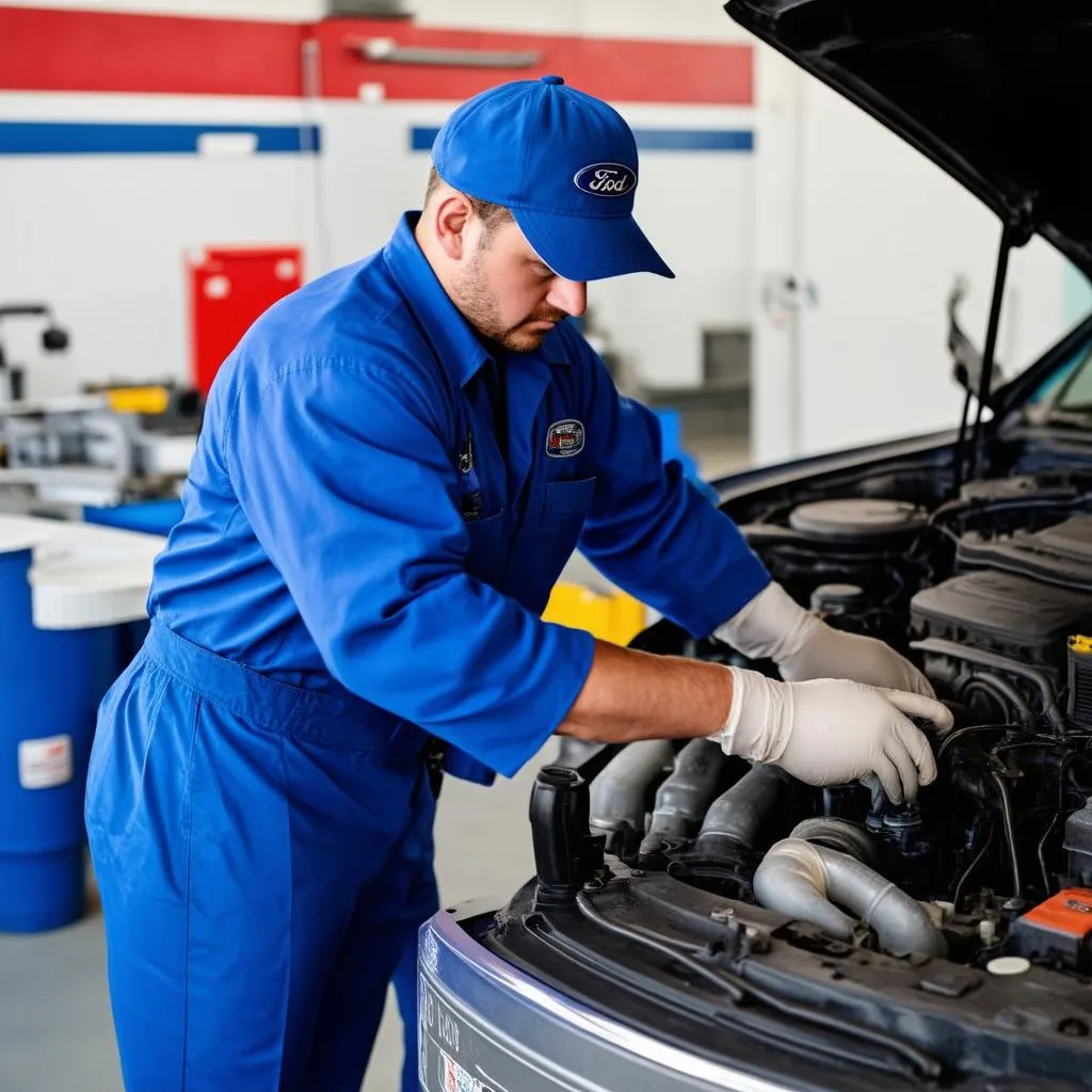 Mechanic working on Ford F250 engine