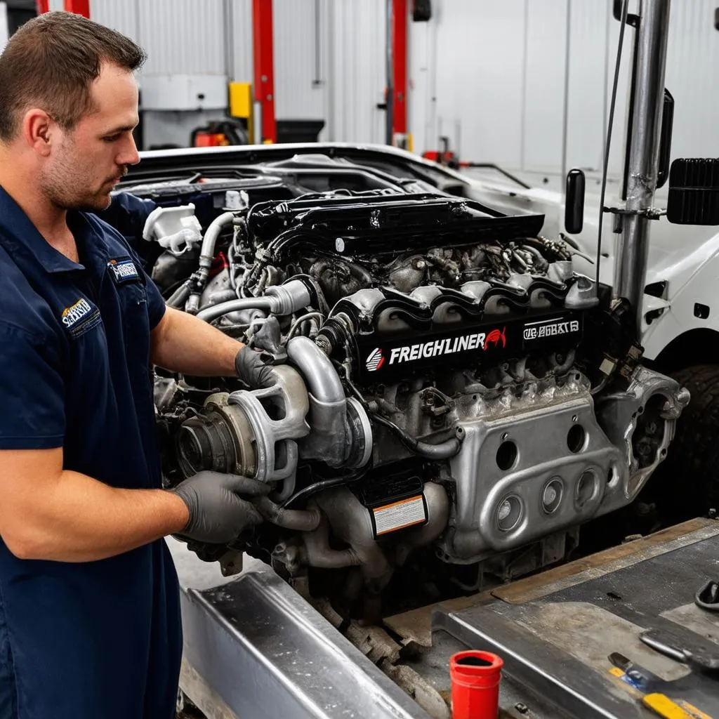 Un mécanicien travaillant sur un moteur de camion Freightliner