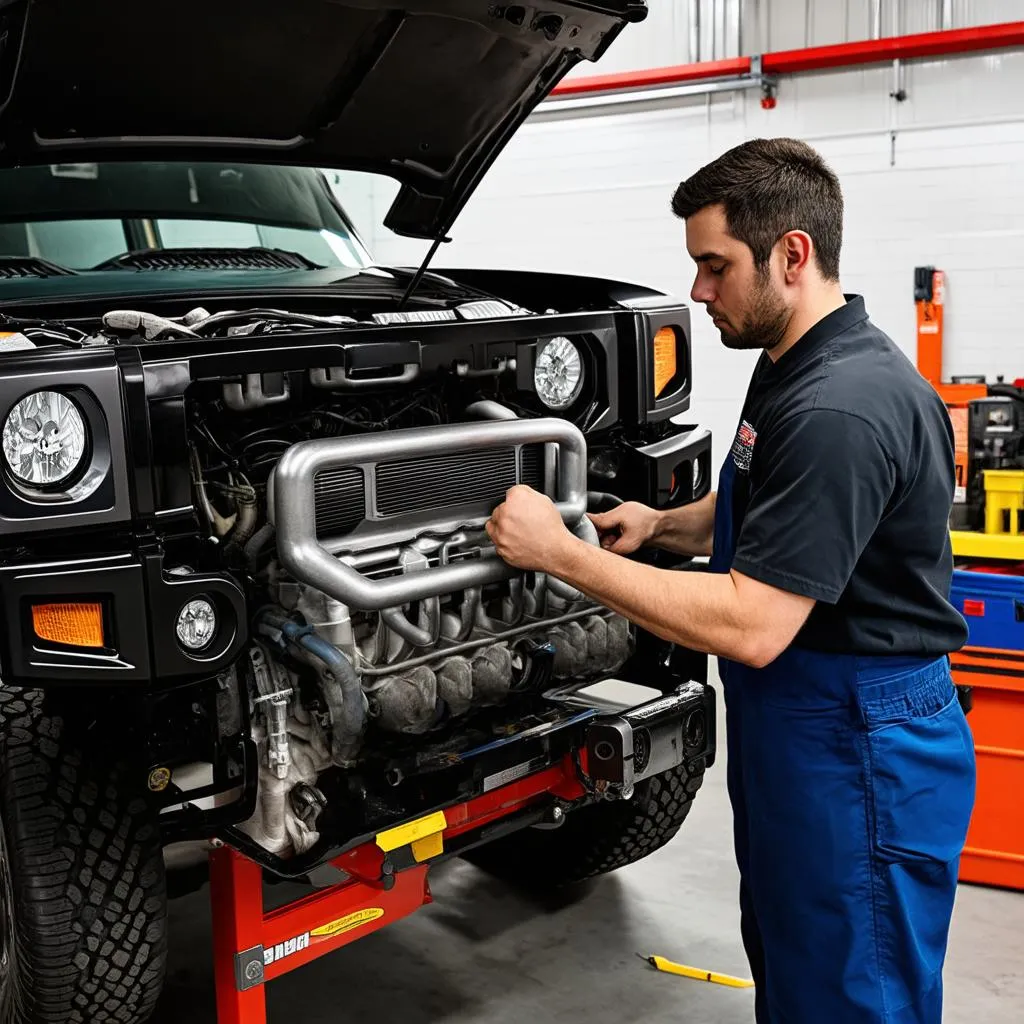 mécanicien travaillant sur le moteur d'un Hummer H2