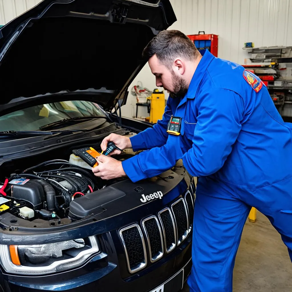 Mécanicien travaillant sur le système électrique d'une Jeep Grand Cherokee