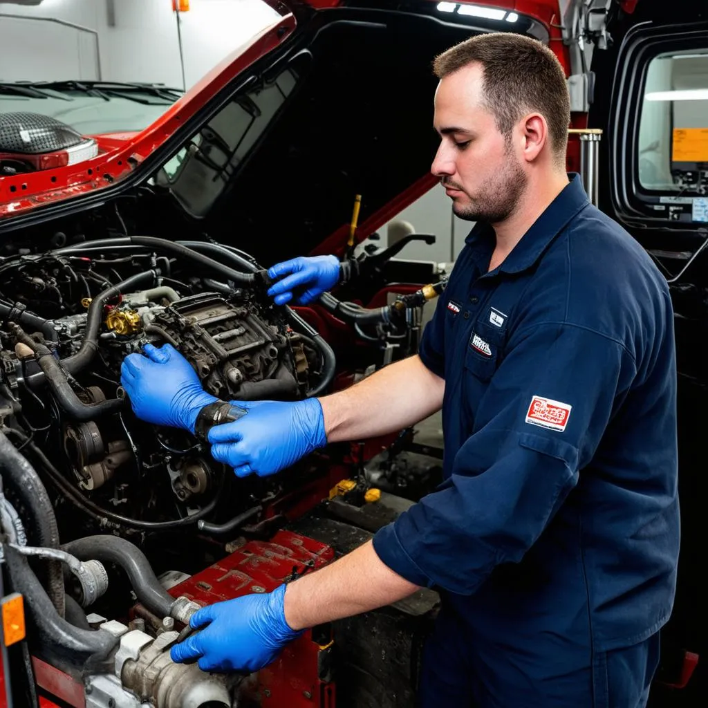 Mechanic Working on Kenworth T680 Transmission