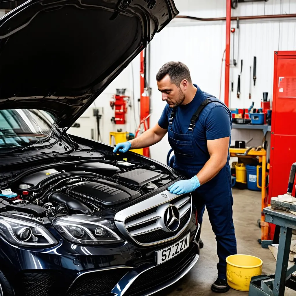 Mechanic working on a Mercedes C320 engine