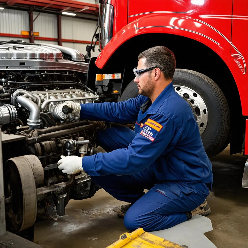 Mechanic Working on Truck Engine