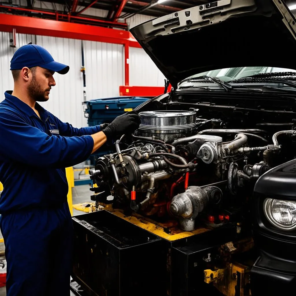 Mécanicien travaillant sur un moteur de camion