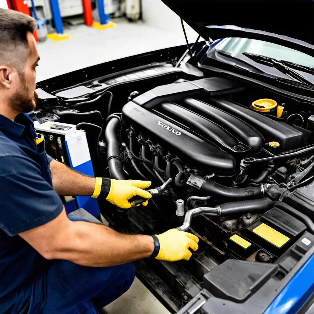 Mechanic working on a Volvo engine