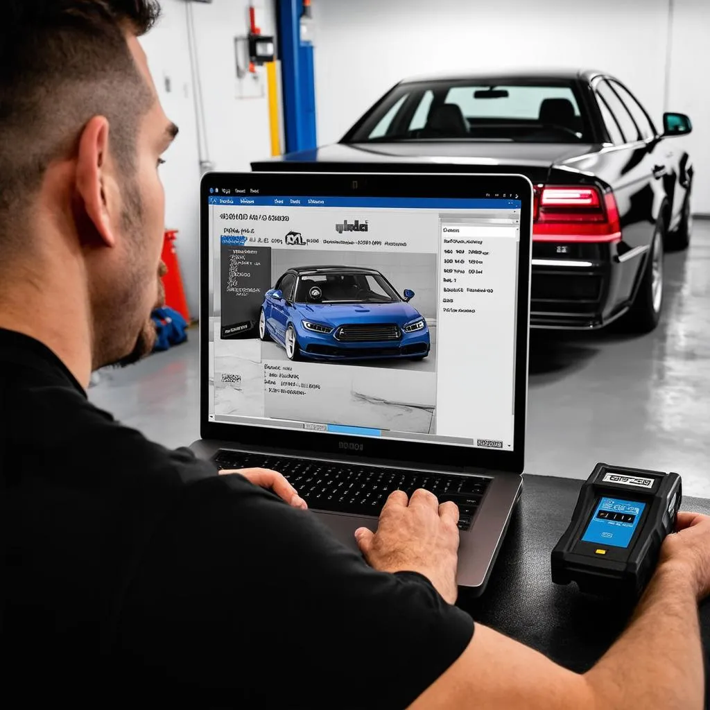 Mechanic using OBD2 software on laptop